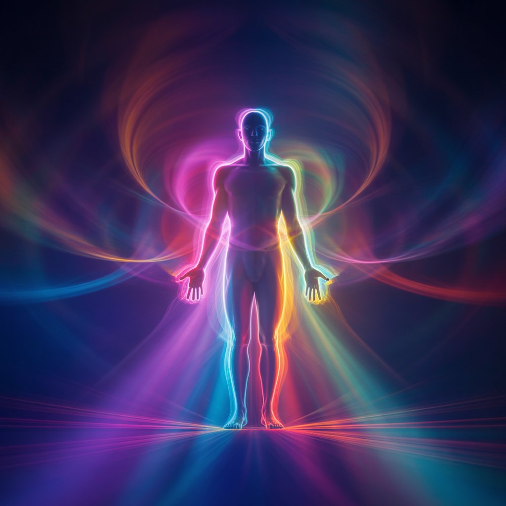 Full Spectrum Detox – Complete Body Renewal and Inflammation Reduction Radiant human silhouette glowing with rainbow light representing full spectrum detox and total-body transformation.