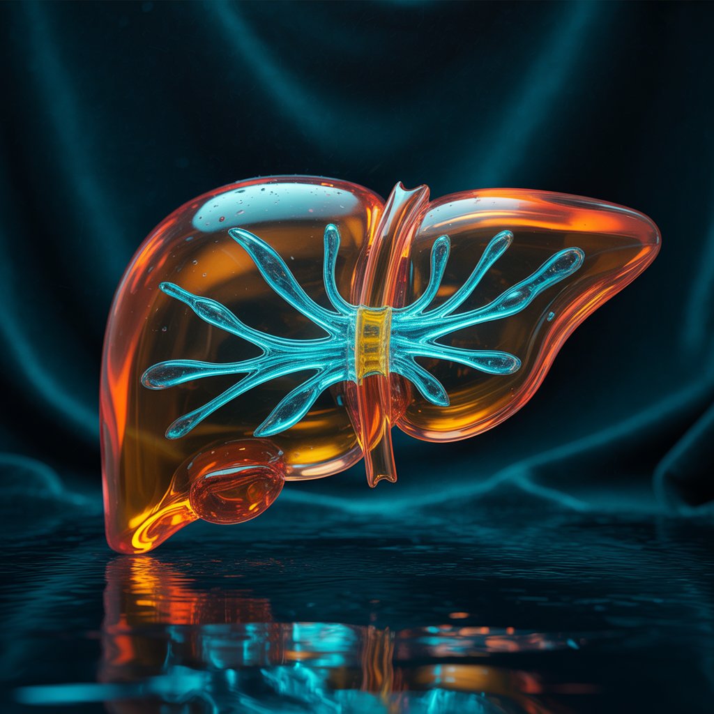 Detox Kickstart – Liver Support and Drainage Pathways Glowing liver with blue drainage channels symbolizing liver support and detox pathways.